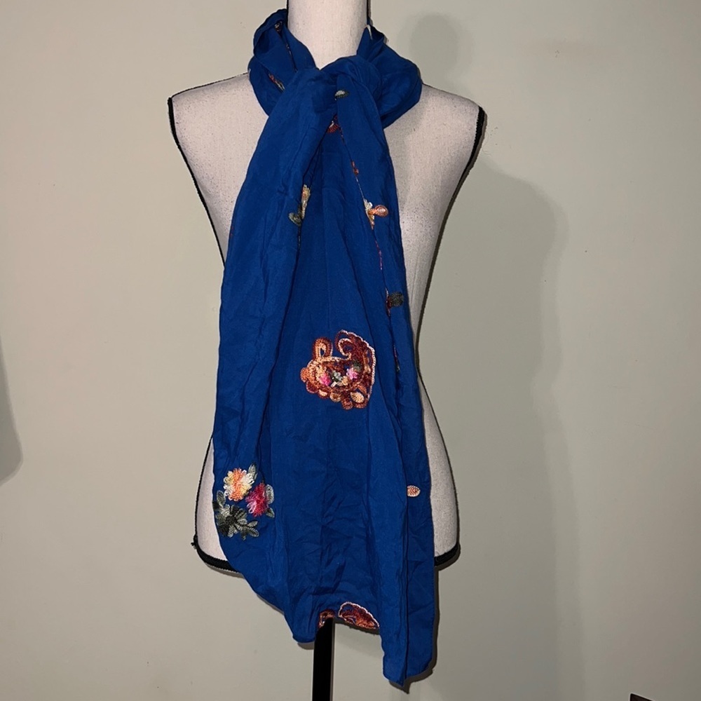 ONE SIZE blue scarf embroidered floral design pink yellow gold brown orange
